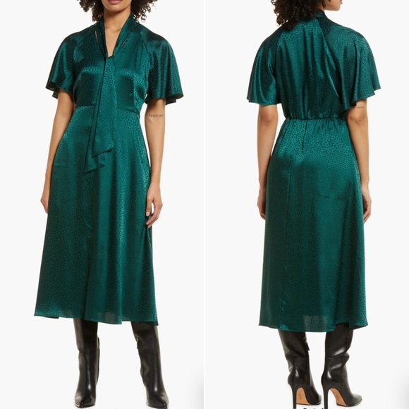 Julia Jordan Green Tie Neck Satin Midi Dress Size 14 - Picture 1 of 16
